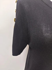 Women's Basic Solid Color Knitted Sweater, Round Neck, Short Sleeve, Patches, Metal Buckles, Temperament