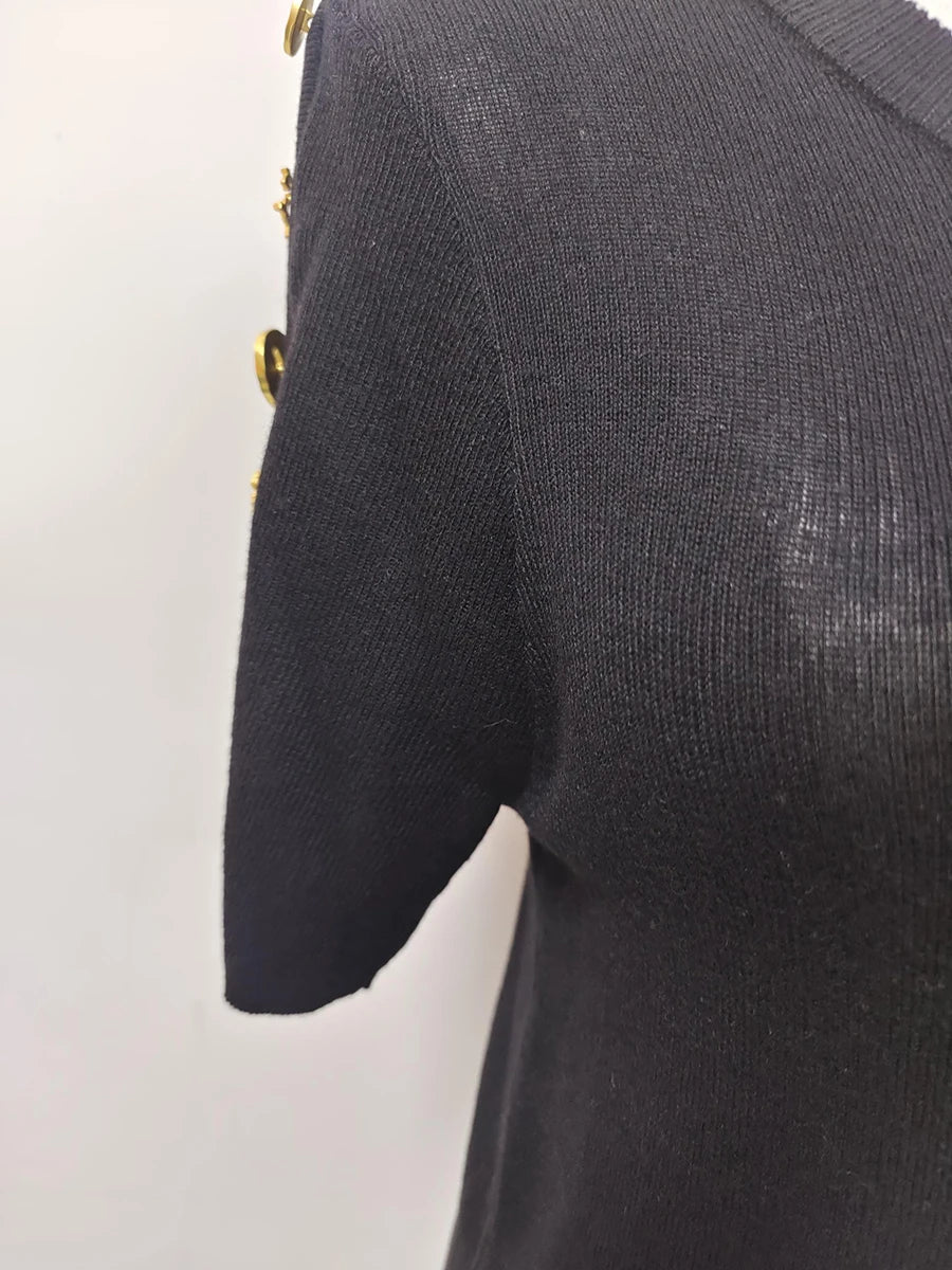 Women's Basic Solid Color Knitted Sweater, Round Neck, Short Sleeve, Patches, Metal Buckles, Temperament