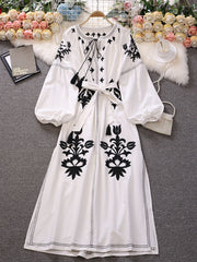 High quality black and white embroidery long sleeve elegant midi dress