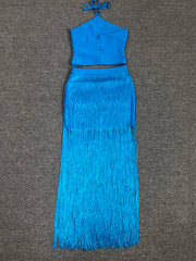 Two Piece Set Blue Halter Backless Crop Top + High Quality Fringe Bodycon Skirt