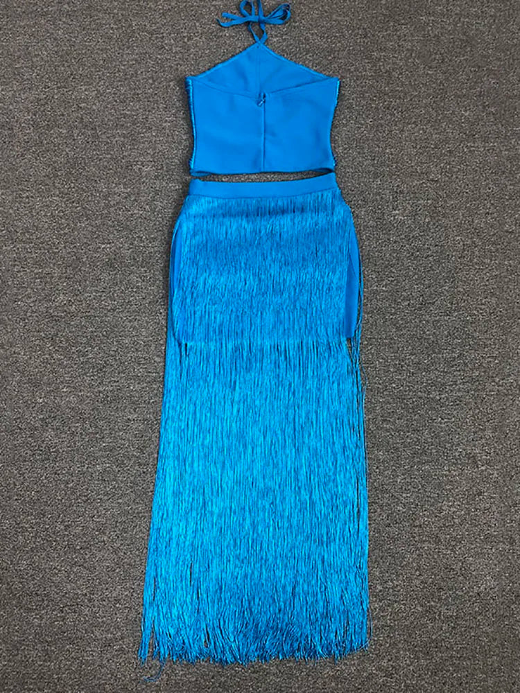 Two Piece Set Blue Halter Backless Crop Top + High Quality Fringe Bodycon Skirt