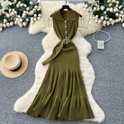 SINGREINY 1950s Ribbed Knit Dress Sleeveless Lapel Belt French Ins Chic Spring Summer Celebrity Style Feminine A-line Long Dress