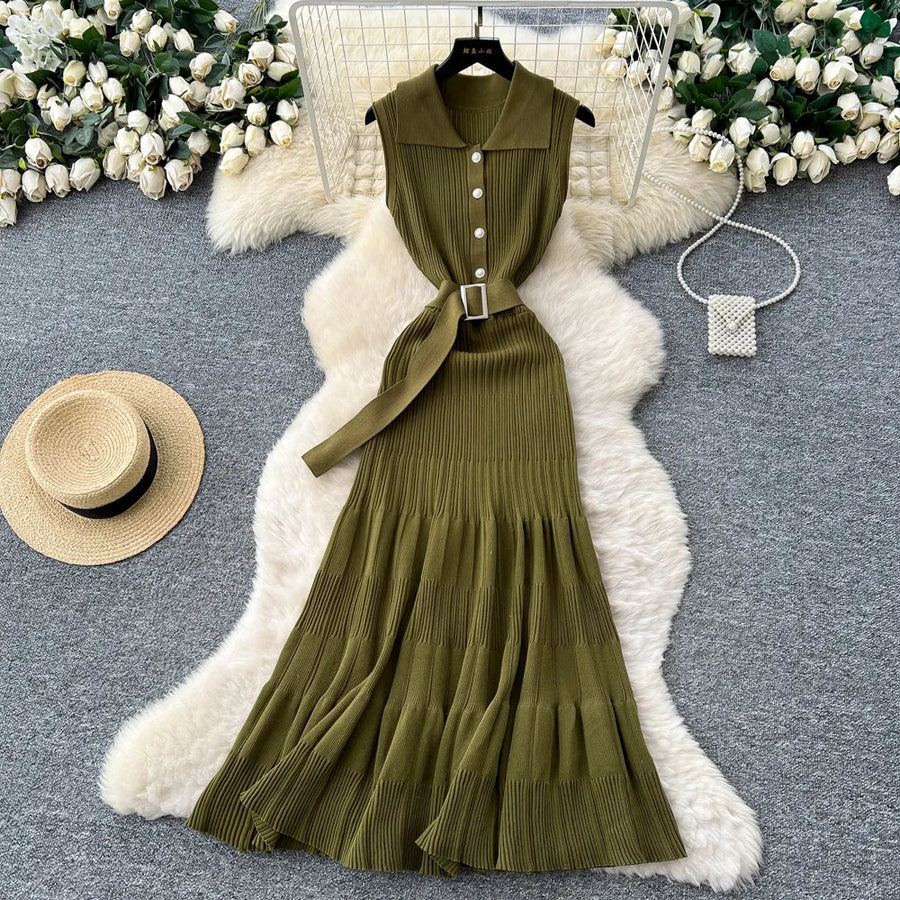 SINGREINY 1950s Ribbed Knit Dress Sleeveless Lapel Belt French Ins Chic Spring Summer Celebrity Style Feminine A-line Long Dress