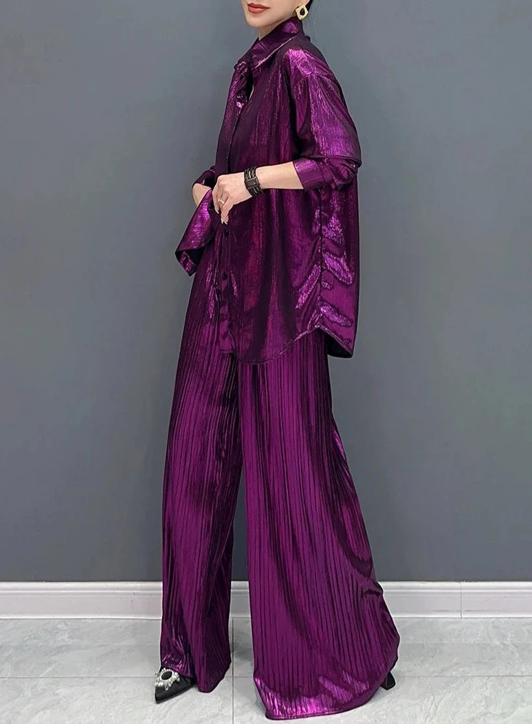 Two Piece Sets Shiny Pleated Long Shirt with Belt Wide Leg Pants High Quality