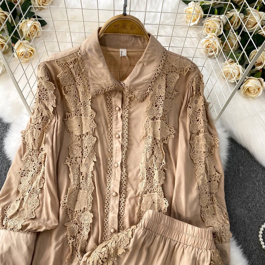 Women Lace Patchwork Pants Set Single Breasted Long Sleeved Shirt Elastic Waisted Trousers Suit Summer Female 2 pieces Sets