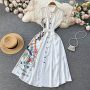 High Quality Bow Flower Print Sleeveless White Shirt Dress