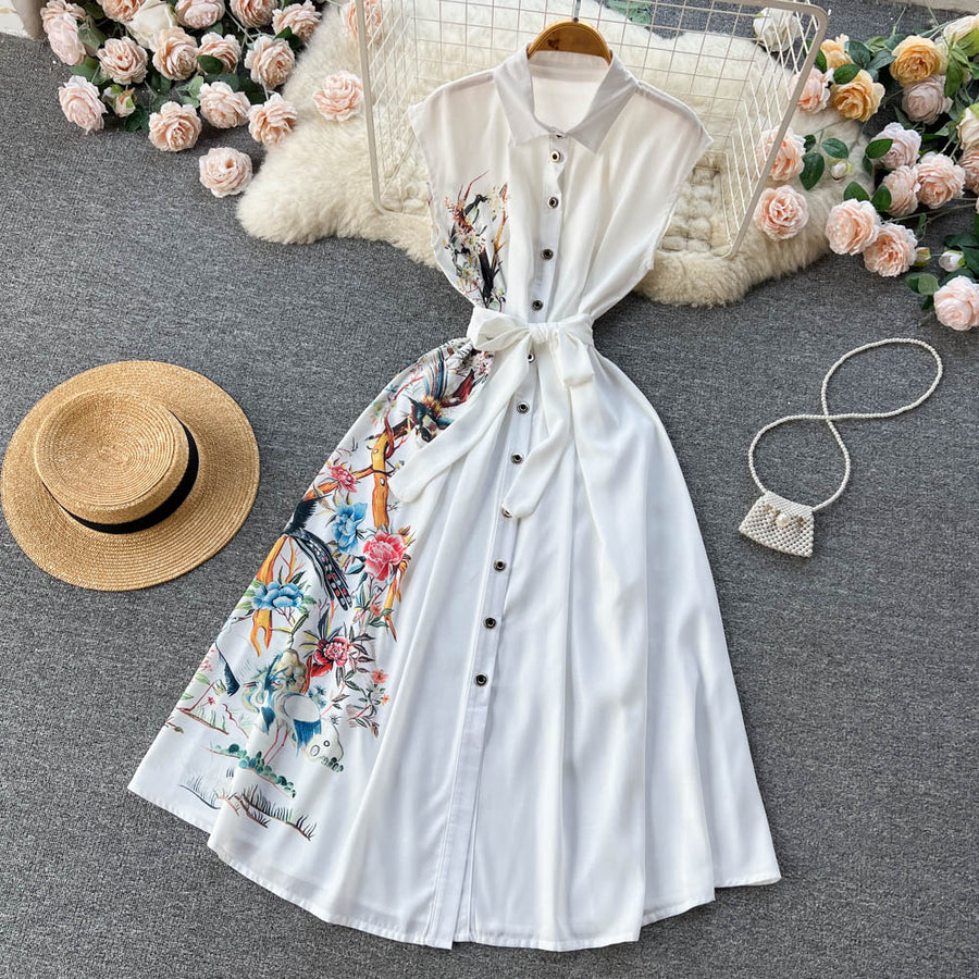 High Quality Bow Flower Print Sleeveless White Shirt Dress