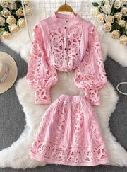Summer Embroidery Maxi Dress Two Piece Set Women Blue Hollow Lace Long Sleeve Blouse Shirts 3pcs Sets Elastic Waist Skirts Suits