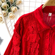 Women Lace Patchwork Pants Set Single Breasted Long Sleeved Shirt Elastic Waisted Trousers Suit Summer Female 2 pieces Sets