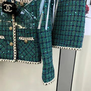 Women Elegant Vintage Tweed Fragrant Suit Jacke Coat Top And Skirt Two Piece Set Green Outfit Winter Jacquard Party Clothing