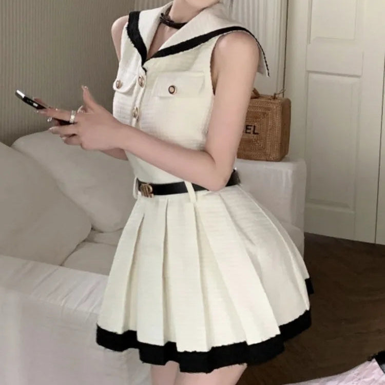 French Vintage Small Fragrance Dress For Women Elegant Fashion Sweet Pleated Mini Summer Dress Party Robes Vestidos