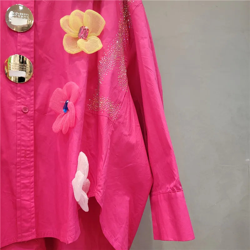 Long sleeve shirt with 3D flowers with high quality hot drilling