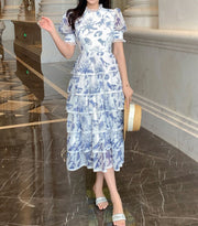 High Quality Cascading Ruffles Flower Print Puff Short Sleeve Elegant Mesh Dress