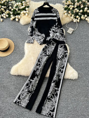 Jacquard Knitting Two Pieces Suits Women Long Sleeve O Neck Sweater+Wide Leg Pants Autumn Winter Warm Loose 2pcs Sets