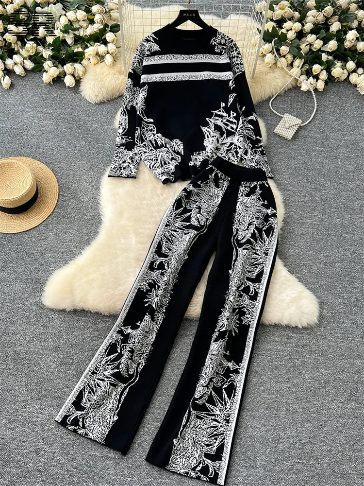 Jacquard Knitting Two Pieces Suits Women Long Sleeve O Neck Sweater+Wide Leg Pants Autumn Winter Warm Loose 2pcs Sets