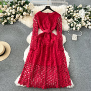 High Quality Slim Belt Long Sleeve Round Neck Lace Long Dress