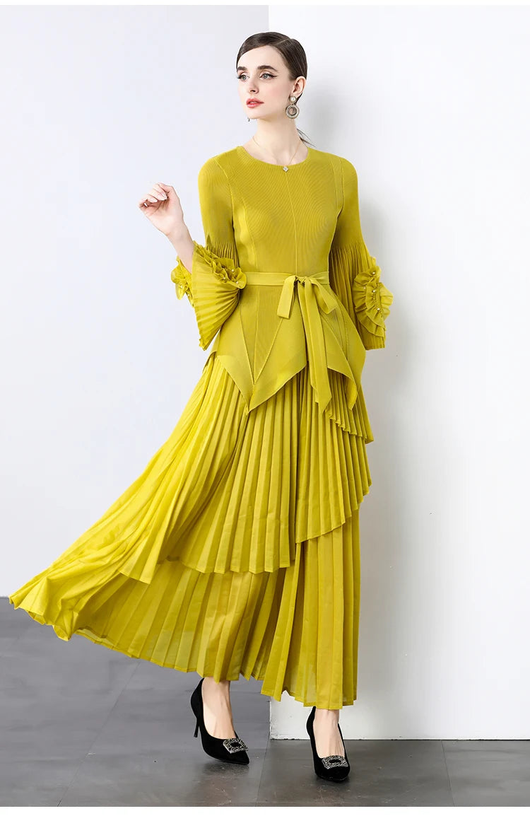 Miyake Spring Women's Clothing French Light Luxury Temperament Elegant Pleated Clothes Two-piece Set  Irregular Skirt 2025