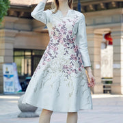 High Quality V Neck Long Sleeve Knee Length Floral Bohemian Dress