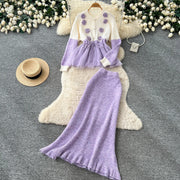 Elegant Knit Patchwork Two Pieces Sets Chic Vintage Cardigan High Waist Mesh Mermaid Skirt Casual Vacation Sets