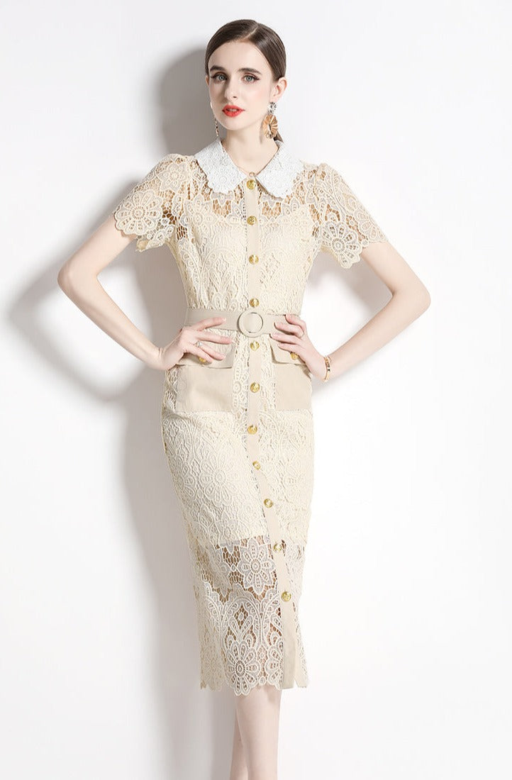 High Quality Button Pocket Lace Knee-Length Temperament Slim High Waist Pencil Dress