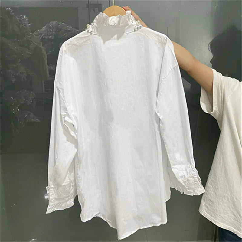 High Quality Long Sleeve Ruffle Collar Diamond Button Shirts