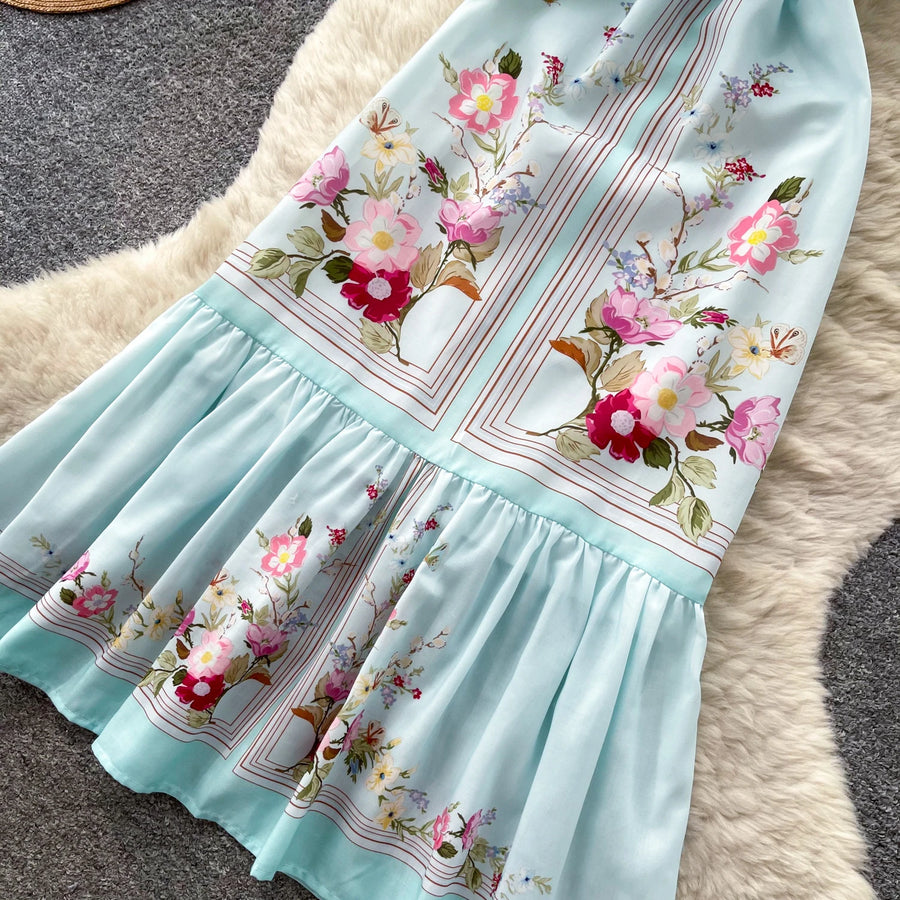 Mint Green Floral Print Sleeveless A-Line Dress Women Summer High Waist Simple Pure Desire Style Commute Suitable City Outfit