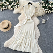 SINGREINY 1950s Ribbed Knit Dress Sleeveless Lapel Belt French Ins Chic Spring Summer Celebrity Style Feminine A-line Long Dress