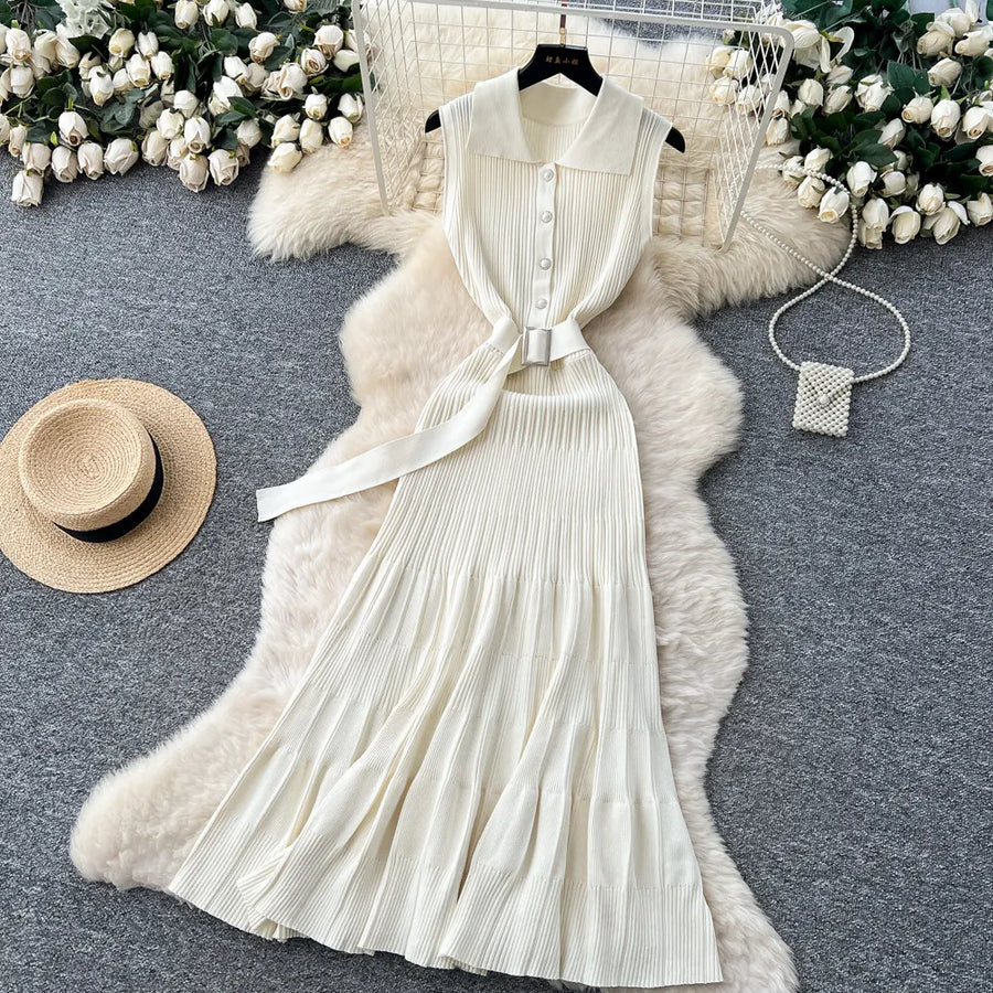SINGREINY 1950s Ribbed Knit Dress Sleeveless Lapel Belt French Ins Chic Spring Summer Celebrity Style Feminine A-line Long Dress