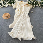 Lace Ruffle Camis Midi Dress Two Pieces Sets V Neck Top  Vintage   Tulle Pleated  Skirt   High Waist A-line Skirt Fall Sets