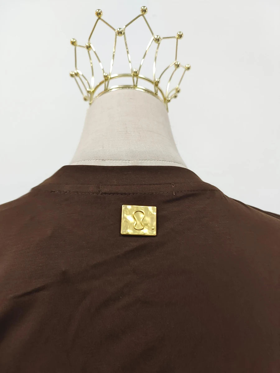 French retro round neck, short sleeve, high waist, straight dress with high-quality spliced metal pins