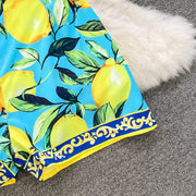 Summer Runway Fashion Sicily Lemon Print Two Piece Outfits Women Long Sleeve Bandage Crop Top＋Beach Pocket Shorts Sets