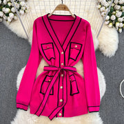 Women's Two-Piece Set Long-Sleeved Lace-up Waist V-Neck Mid-Length Knitted Cardigan Coat + Wide-Leg Pants