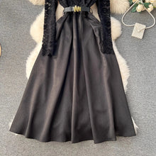 High Quality Vintage Elegant Fleece Lace Stitching Satin Belted V Neck Long Dress