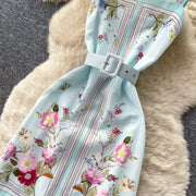Mint Green Floral Print Sleeveless A-Line Dress Women Summer High Waist Simple Pure Desire Style Commute Suitable City Outfit
