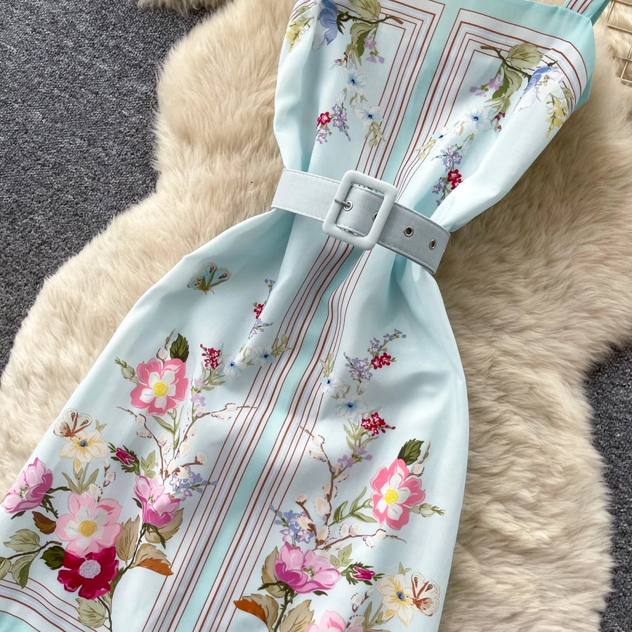 Mint Green Floral Print Sleeveless A-Line Dress Women Summer High Waist Simple Pure Desire Style Commute Suitable City Outfit