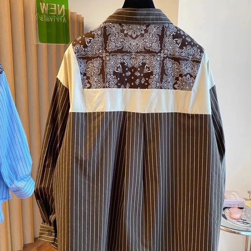 High quality striped print collar vintage long sleeve shirt
