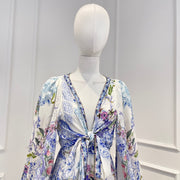 Women High Quality  Elegant Light Blue Flowers Print Cut Out Knot Front Long Sleeve Midi Dress