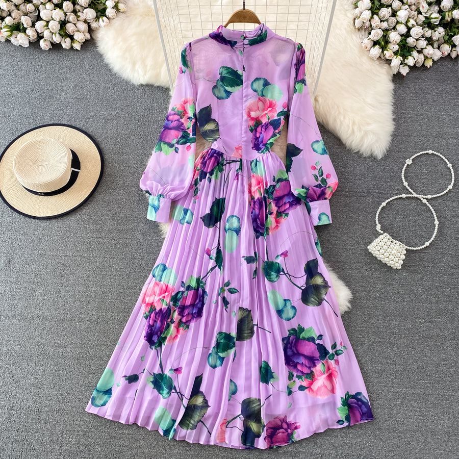 High Quality Floral Print Maxi Long Sleeve Pleated Dress