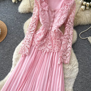 Lace Ruffle Camis Midi Dress Two Pieces Sets V Neck Top  Vintage   Tulle Pleated  Skirt   High Waist A-line Skirt Fall Sets