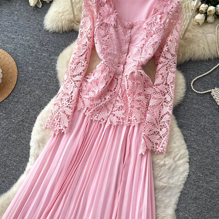 Lace Ruffle Camis Midi Dress Two Pieces Sets V Neck Top  Vintage   Tulle Pleated  Skirt   High Waist A-line Skirt Fall Sets