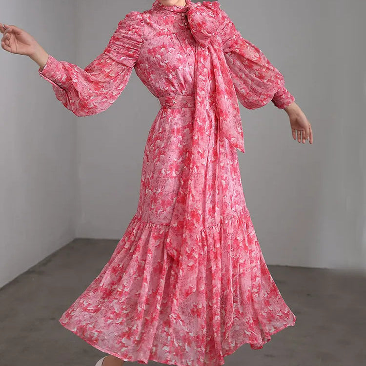 Silk Blending Printing Dress Women Spring Half High Collar with Scarf Belt Sliming Vestidos Party Vacation Fashion