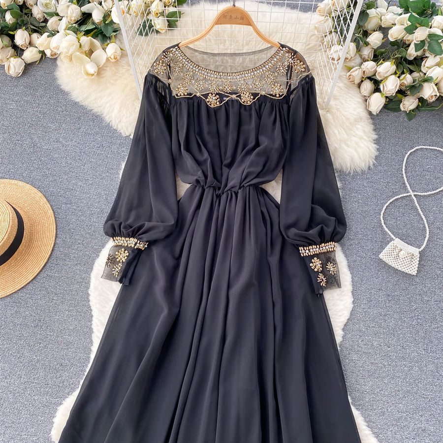 High Quality Various Colors Lantern Sleeve O Neck Maxi Embroidered Dress deep blue / XL High Quality Various Colors Lantern Sleeve O Neck Maxi Embroidered Dress deep blue / XL
