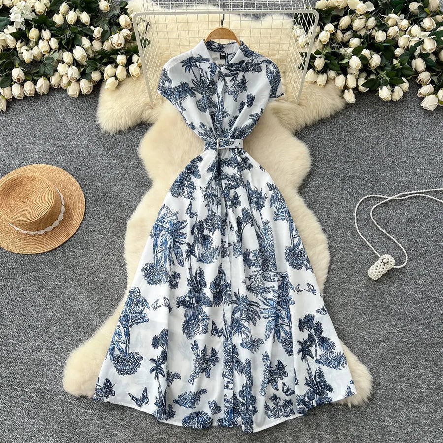 Dress Women Long Dresses High Waist Vestidos Polo Collar Short Sleeve Elegant Splice Y2k Streetwear Work Party Night Print