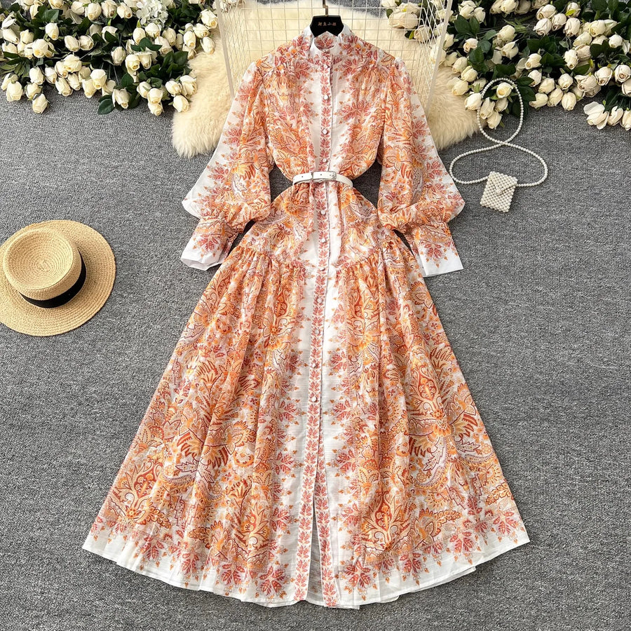 Retro bohemian paisley print dress with long lantern sleeves and high ETERNA Retro bohemian paisley print dress with long lantern sleeves and high ETERNA