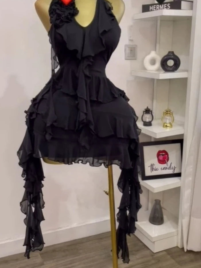 High-quality halterneck, backless, tiered ruffle mini dress