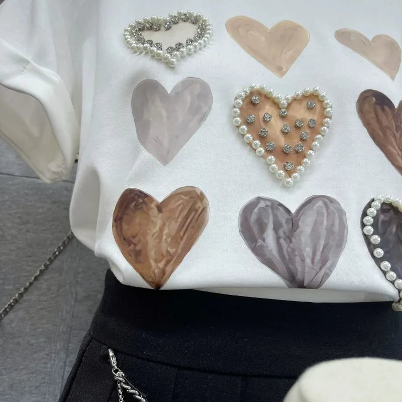 High Quality Pearl Heart Shape Cotton Short Sleeve T-shirt