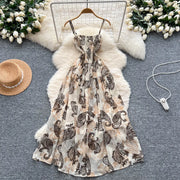 Women's long floral dress with thin straps, sleeveless, elastic, ruched with high-quality print