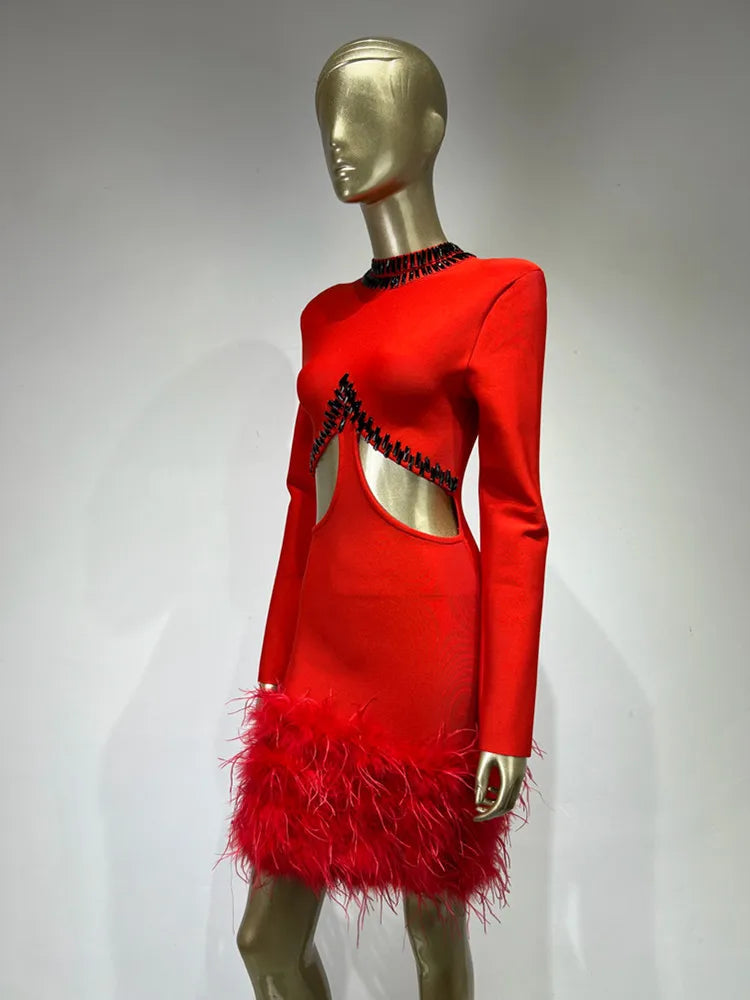 High Quality Feather Beaded Luxury Sexy Long Sleeve Red Bandage Mini Dress