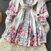 High Quality Belted High Neck Lantern Sleeves Long Floral Dress