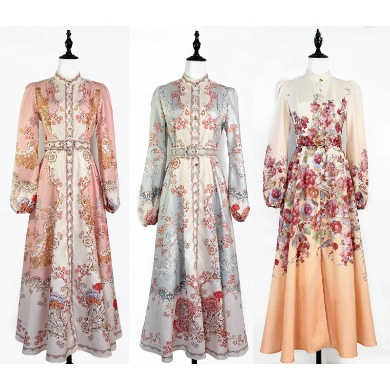 Floral print dress with long sleeves, high neck, and belt, high quality midi length